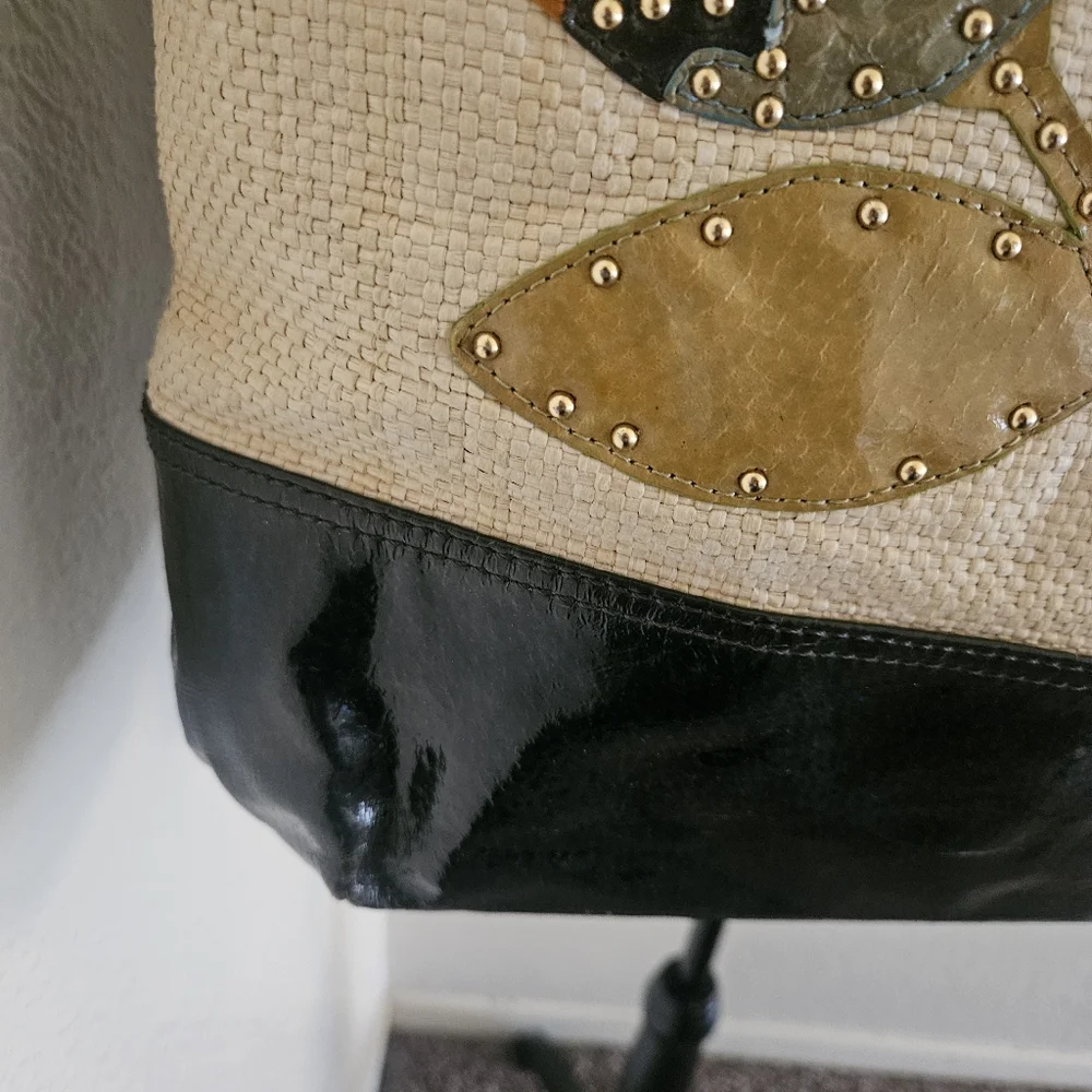 Tory Burch Cream Canvas Tote with Black Trim and Multicolor Butterfly Appliqués